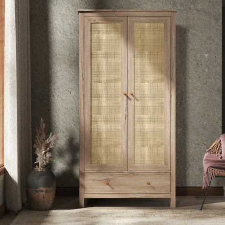 Willow Rattan Double Wardrobe with 1 Drawer Oak