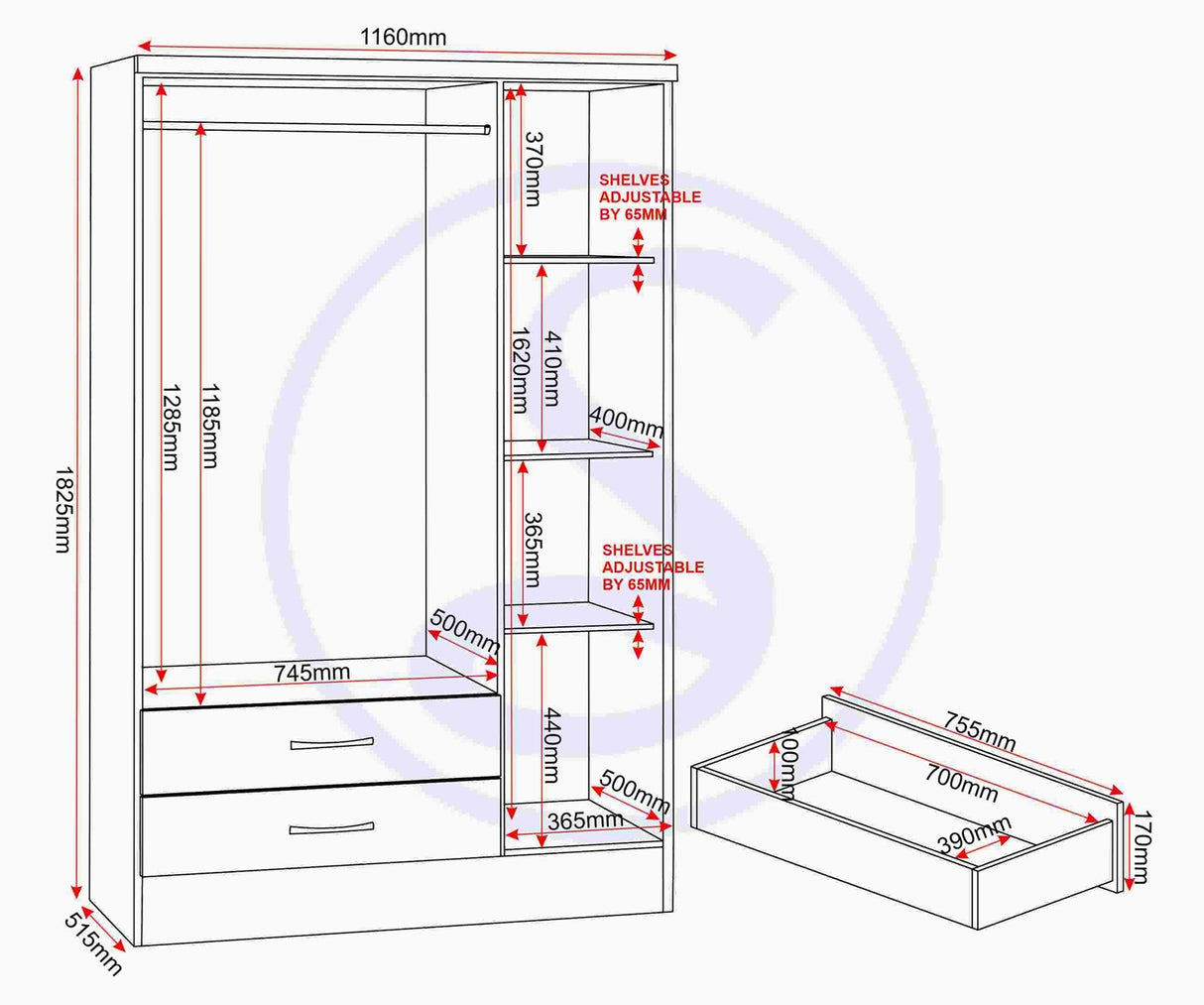 Nevada 3 Door 2 Drawer Mirrored Wardrobe