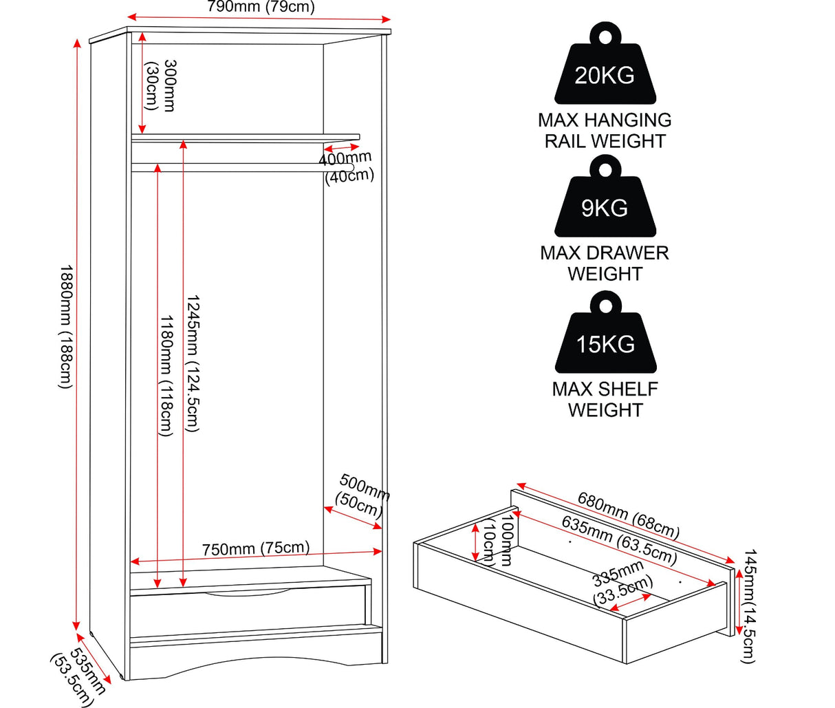 Tessa 2 Door 1 Drawer Double Wardrobe