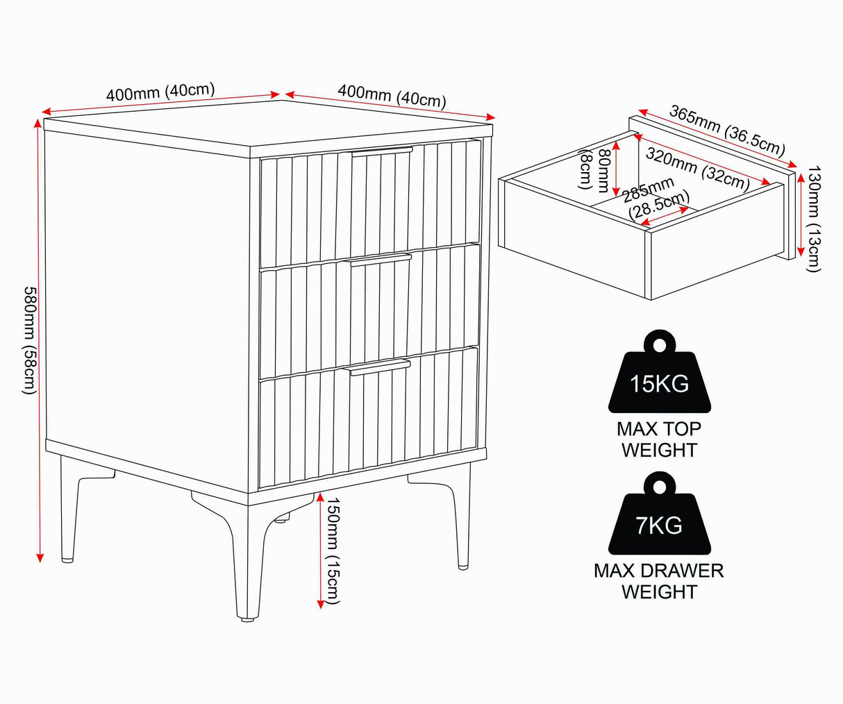Miami Ridged 3 Drawer Fluted Bedside Table