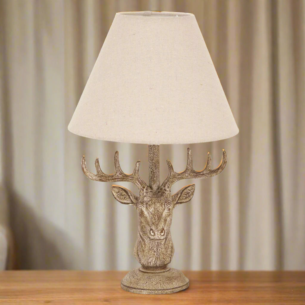 Stonewashed Stag Head Table Lamp with Linen Shade