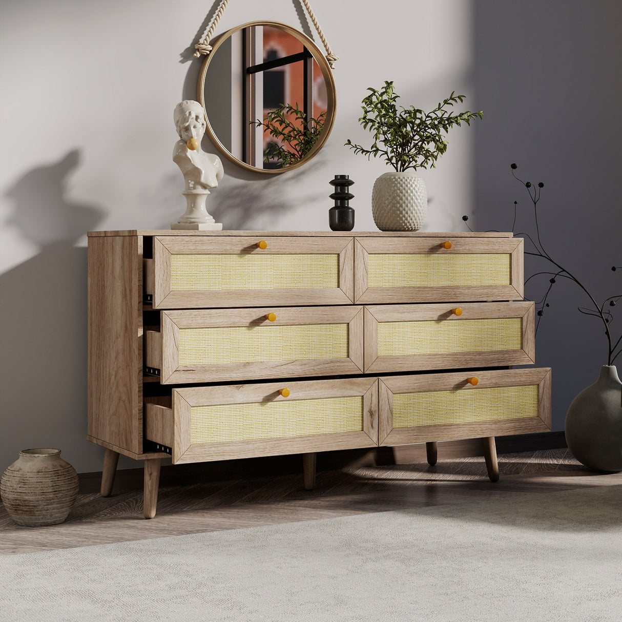Willow Rattan Chest of 6 Drawers Oak