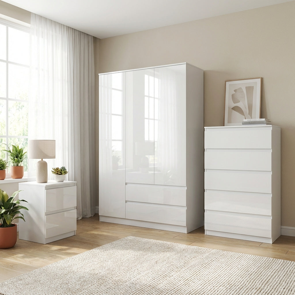 Soho 3 Door Wardrobe, 5 Drawer Chest & Bedside Table Bedroom Set