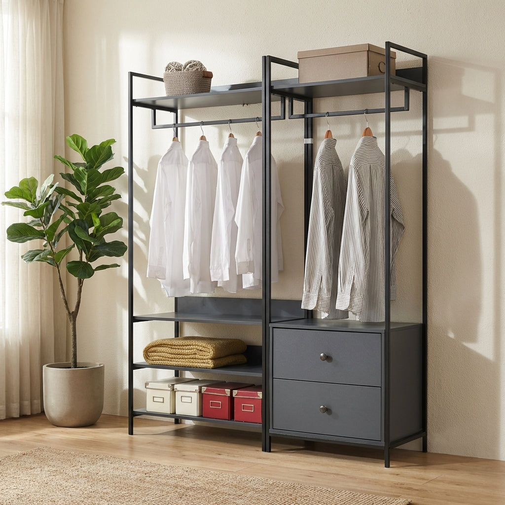 Alva Open Wardrobe Clothes Rail with 2 Drawers & 4 Shelves Set