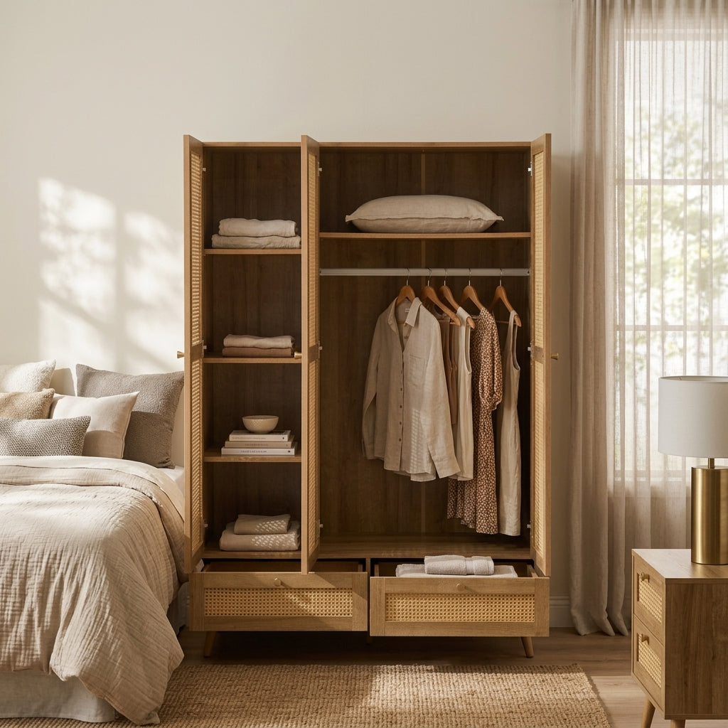 Manila 3 door wardrobe with five shelves and hanging rail