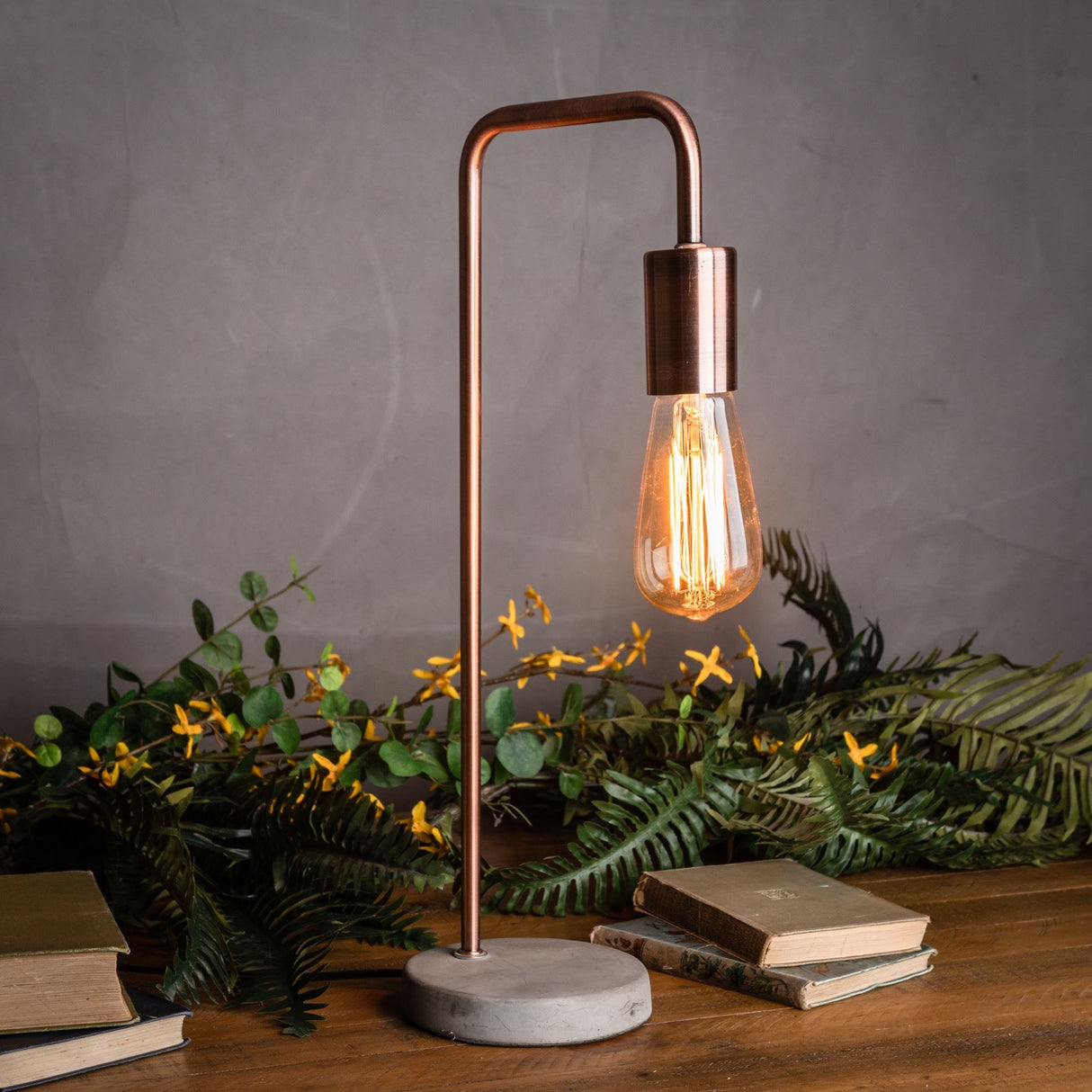 Copper Curved Industrial Lamp with Stone Base