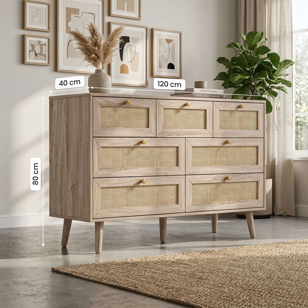 Oak chest of drawers with hand-woven rattan drawer fronts