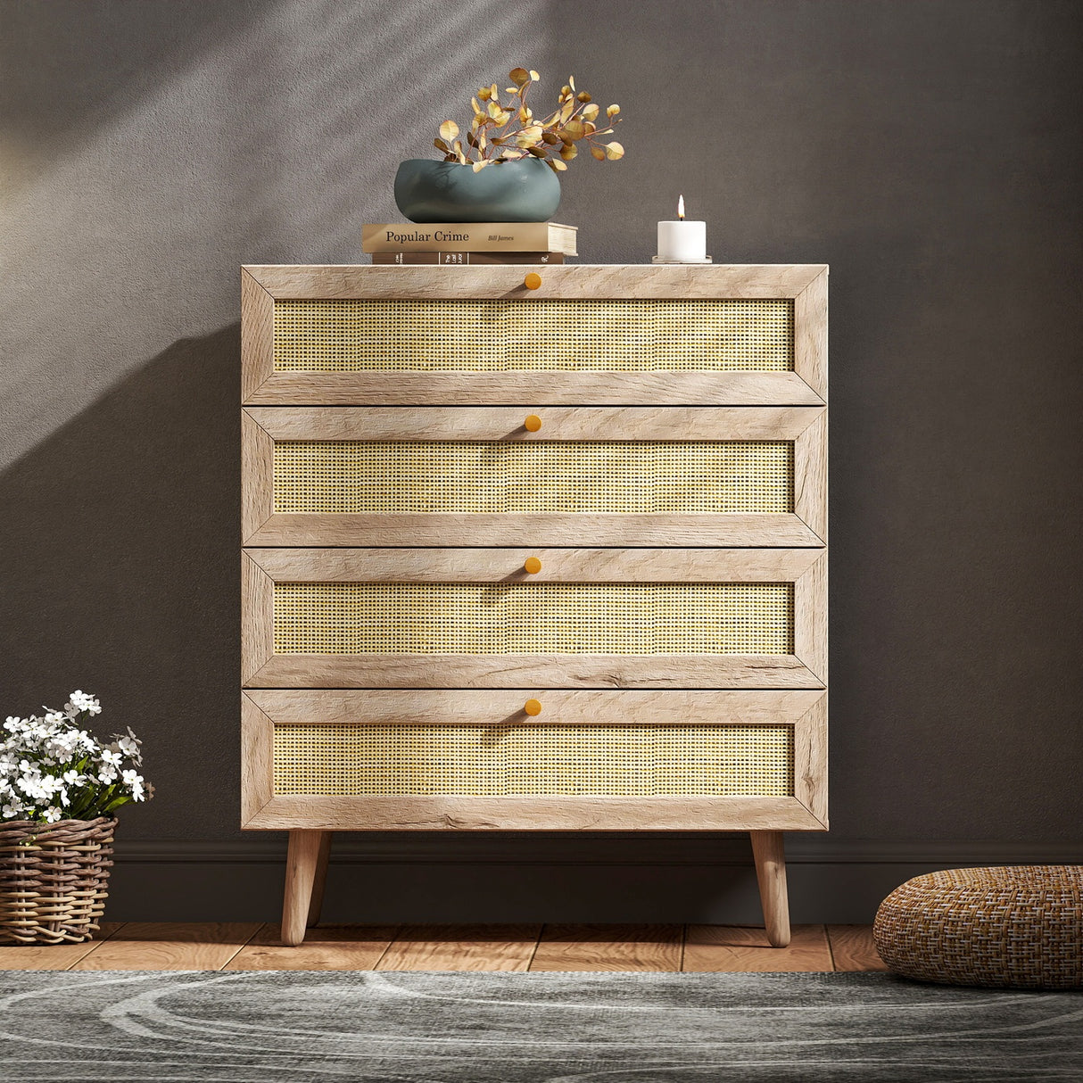 Willow Rattan Chest of 4 Drawers Oak