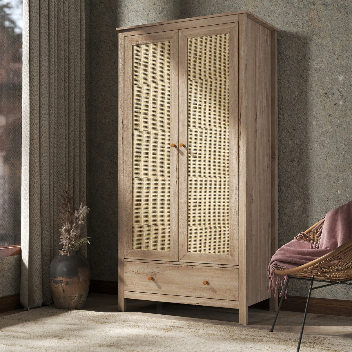 Willow Rattan Double Wardrobe with 1 Drawer Oak