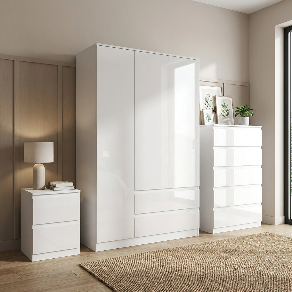 Soho 3 Door Wardrobe, 5 Drawer Chest & Bedside Table Bedroom Set