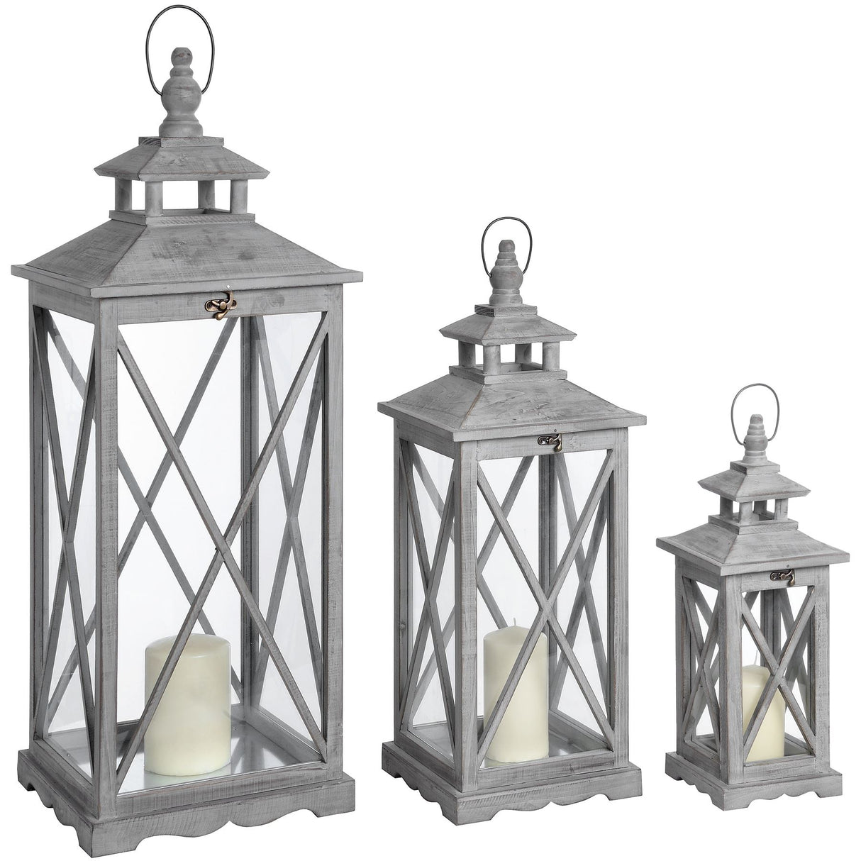 Set of Three Wooden Cross Section Lantern Lamps