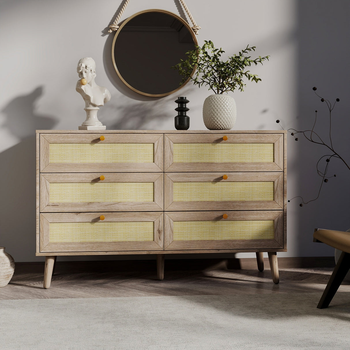 Willow Rattan Chest of 6 Drawers Oak