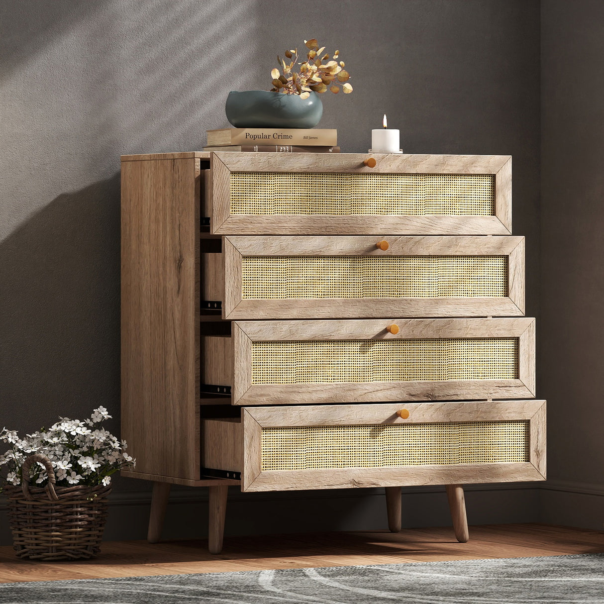 Willow Rattan Chest of 4 Drawers Oak