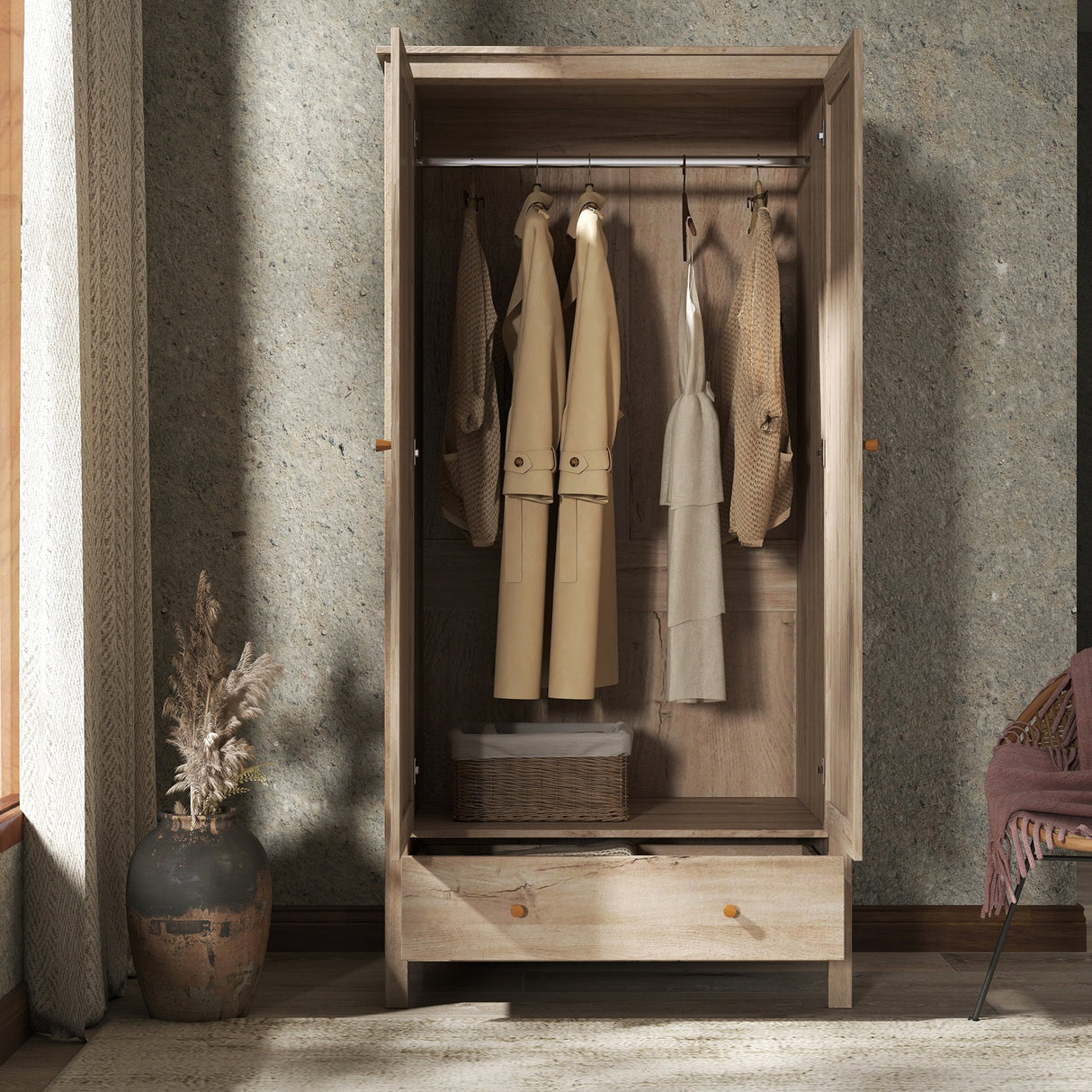 Willow Rattan Double Wardrobe with 1 Drawer Oak