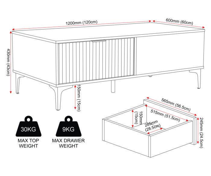 Miami Ridged 2 Drawer Fluted Coffee Table