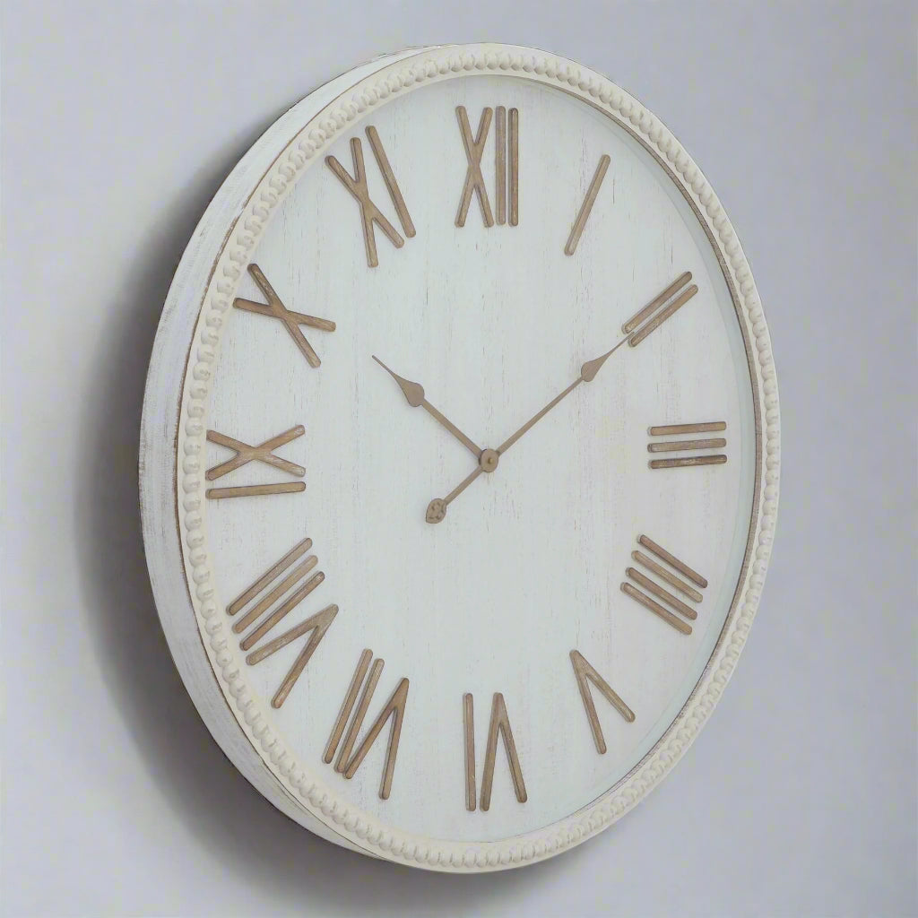 Large Rustic White Clock with Beaded Frame