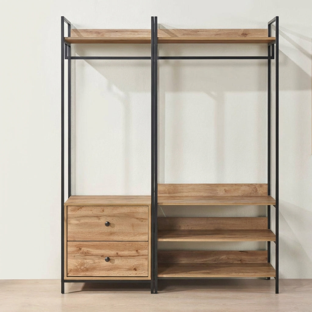 Alva Open Wardrobe Clothes Rail with 2 Drawers & 4 Shelves Set