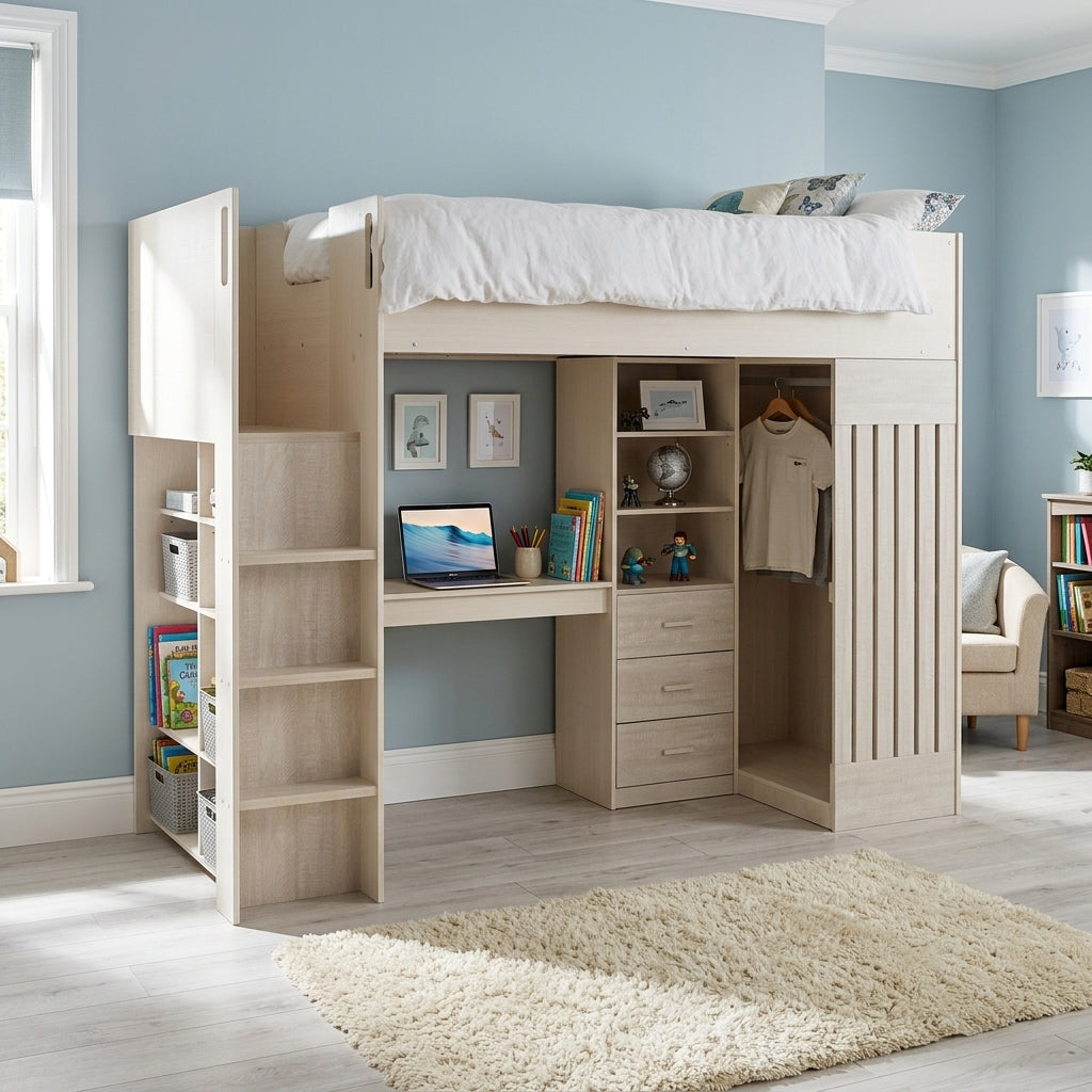 Jupiter High Sleeper Kids Bed Frame with Desk & Storage