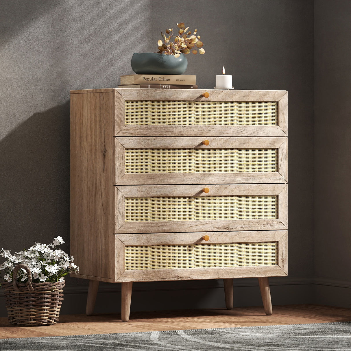 Willow Rattan Chest of 4 Drawers Oak