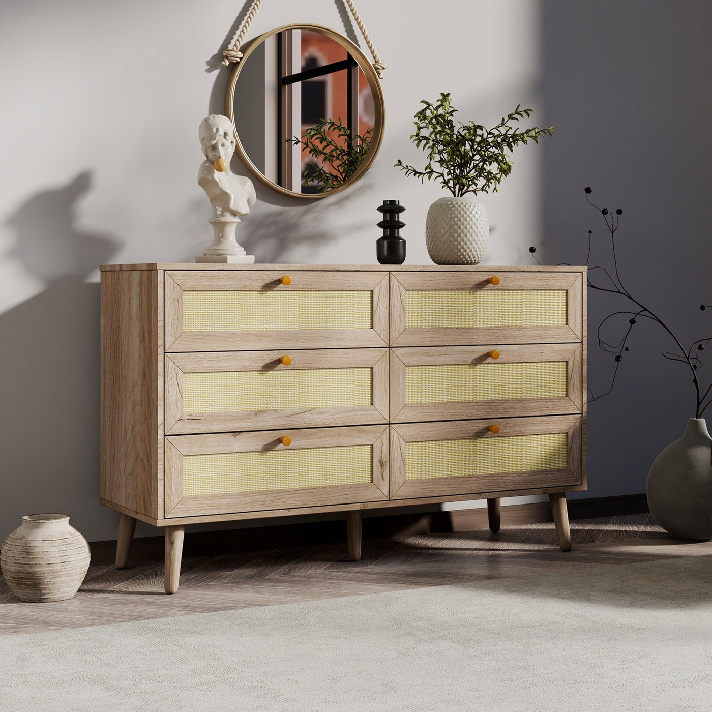 Willow Rattan Chest of 6 Drawers Oak