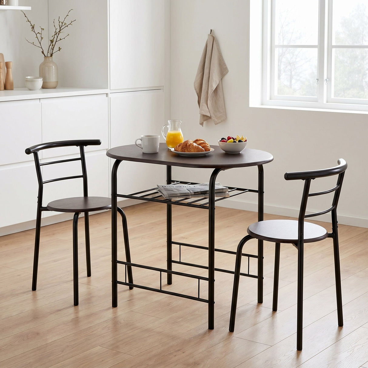 Derry compact dining set with table and 2 chairs in walnut and black