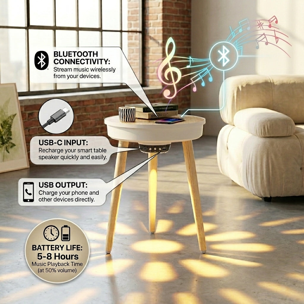 Bluetooth Speaker Side Table with 360° Sound & LED Light