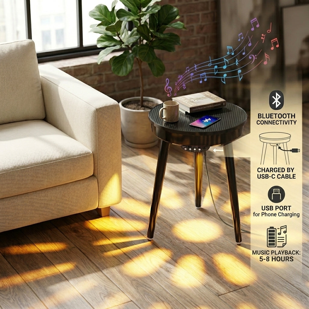 Warm LED light projected beneath the black speaker table