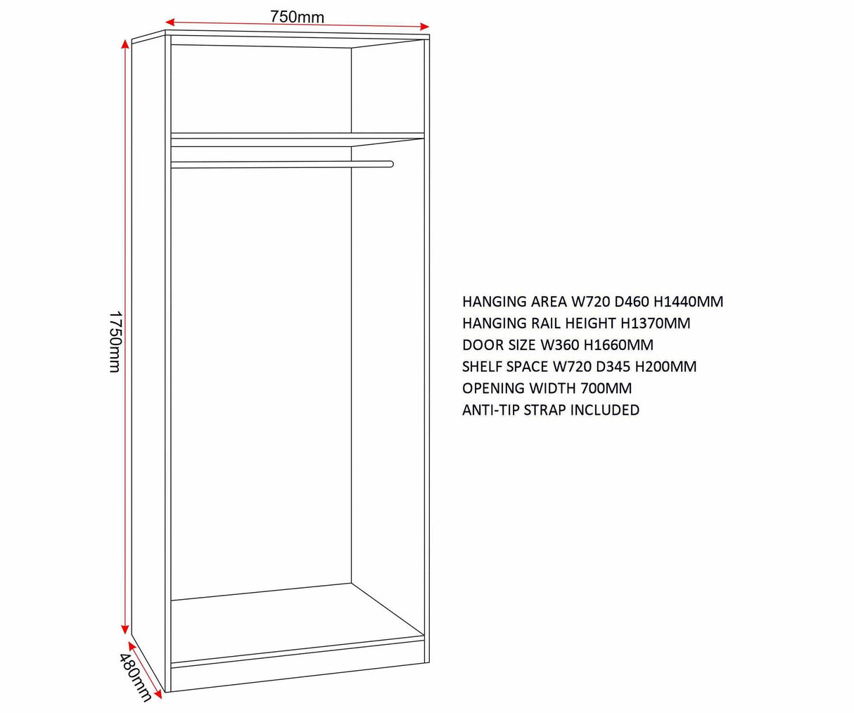 Denver 2 Door Double Wardrobe