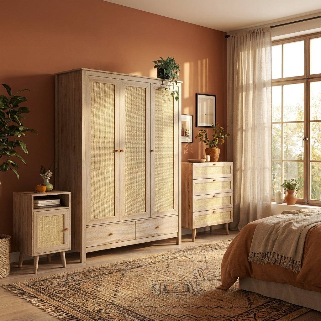 Willow Rattan 3 Door Wardrobe 3 Piece Bedroom Set