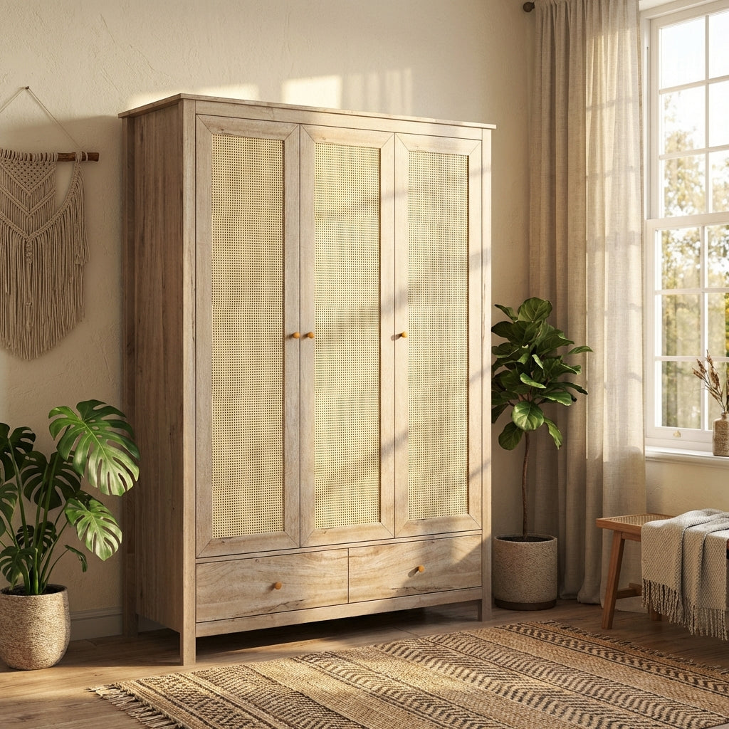 Willow Rattan 3 Door Triple Wardrobe with 2 Drawers