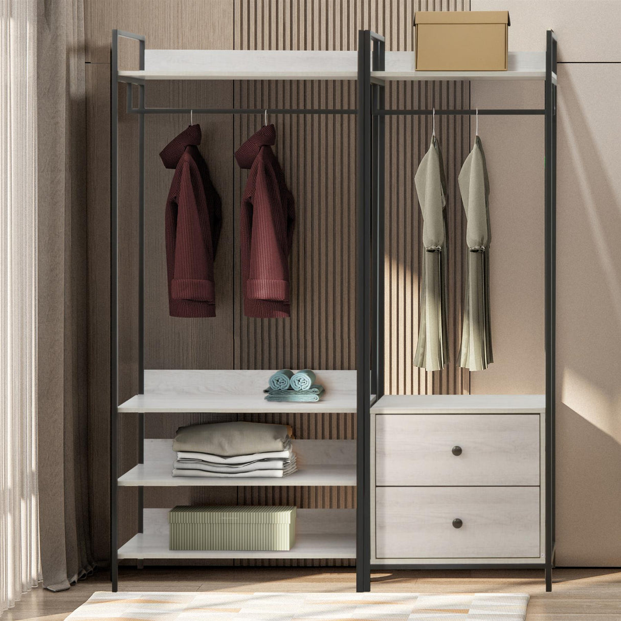 Alva Open Wardrobes with 2 Drawers & 4 Shelves Set
