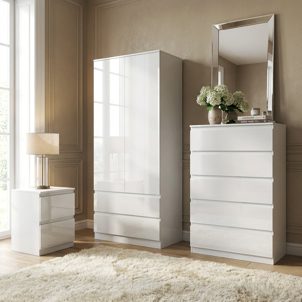 Soho 2 Door Wardrobe, 5 Drawer Chest & Bedside Table Bedroom Set