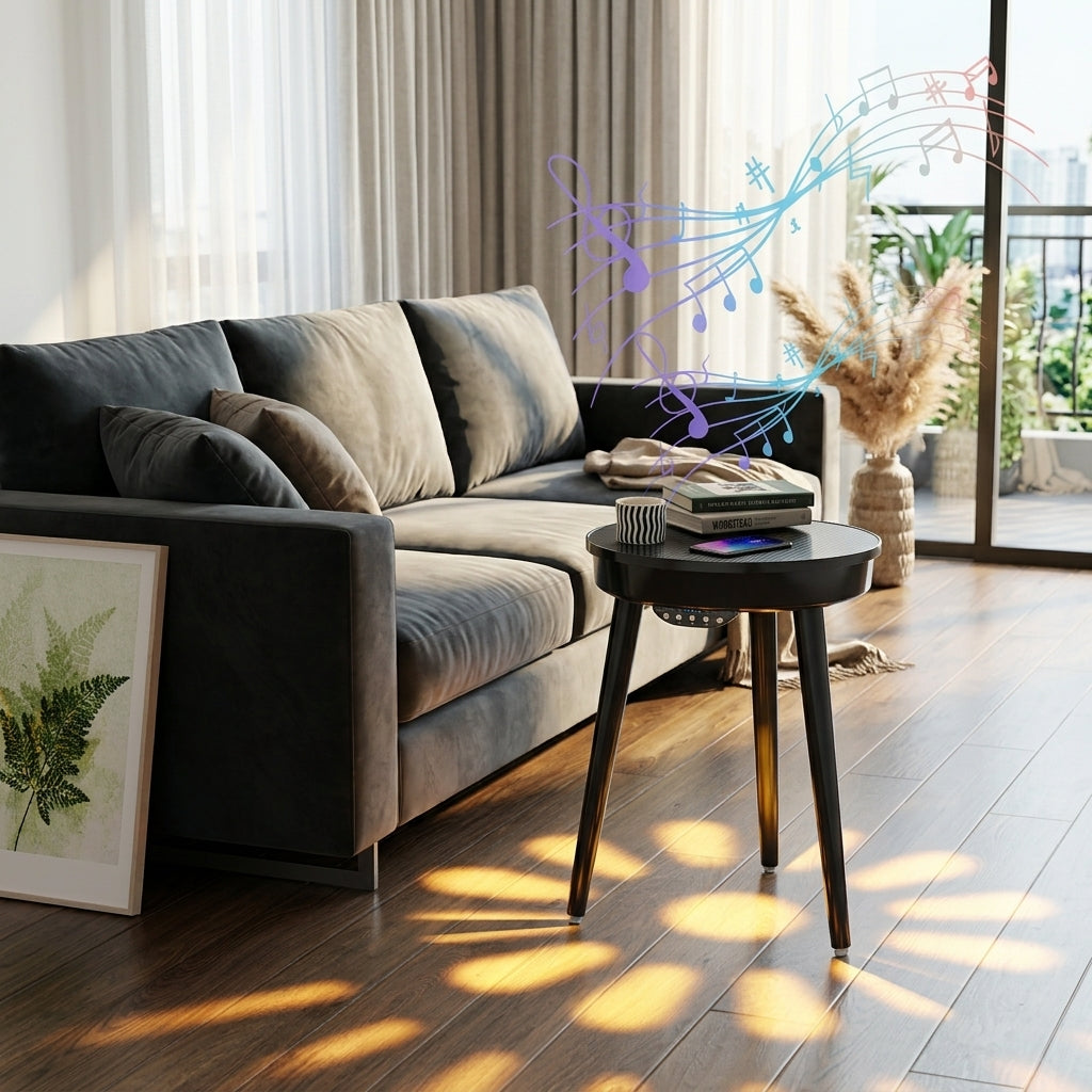 Black Bluetooth speaker side table beside a living-room sofa