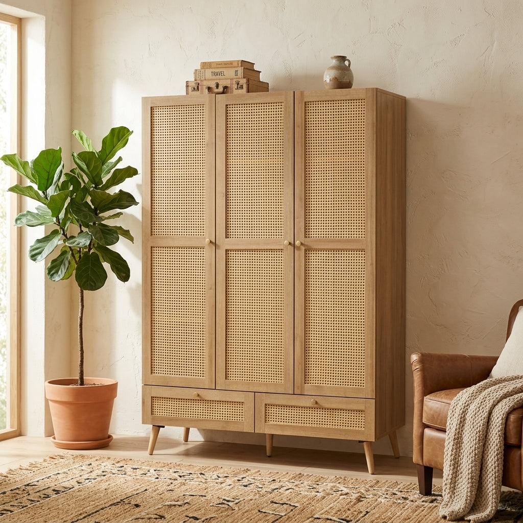 Manila rattan 3 door 2 drawer wardrobe in oak