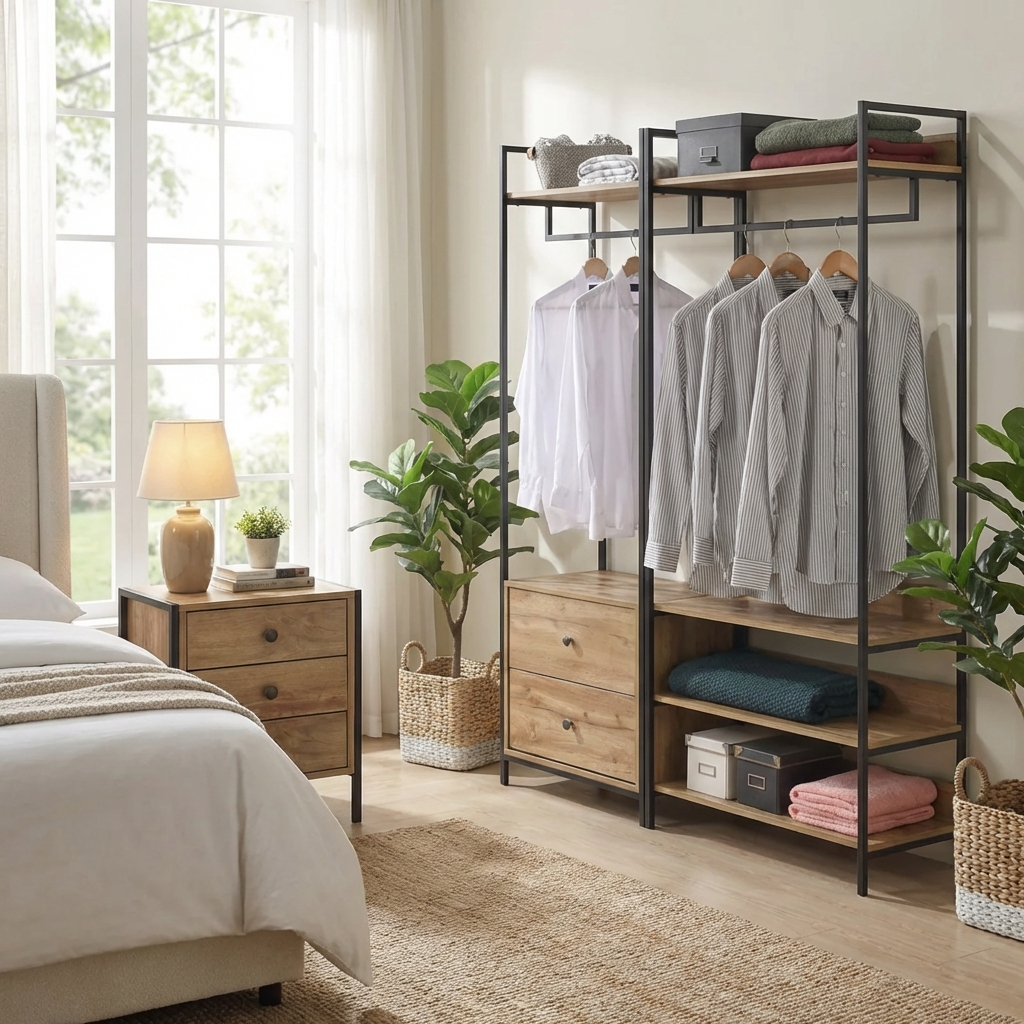 Alva Open Wardrobe Clothes Rail with 2 Drawer 4 Shelf 3 Piece Bedroom Set