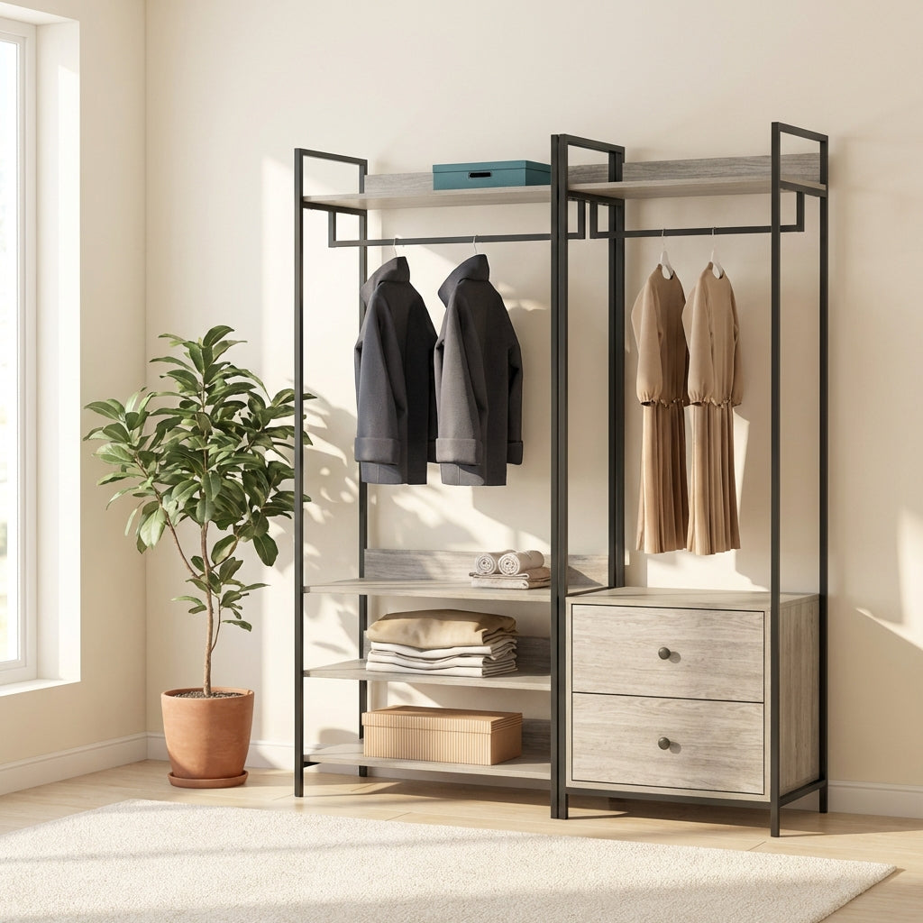 Alva Open Wardrobe Clothes Rail with 2 Drawers & 4 Shelves Set