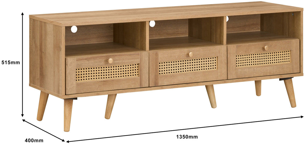 Manila Rattan 3 Drawer 135cm Wide TV Stand Bench Unit