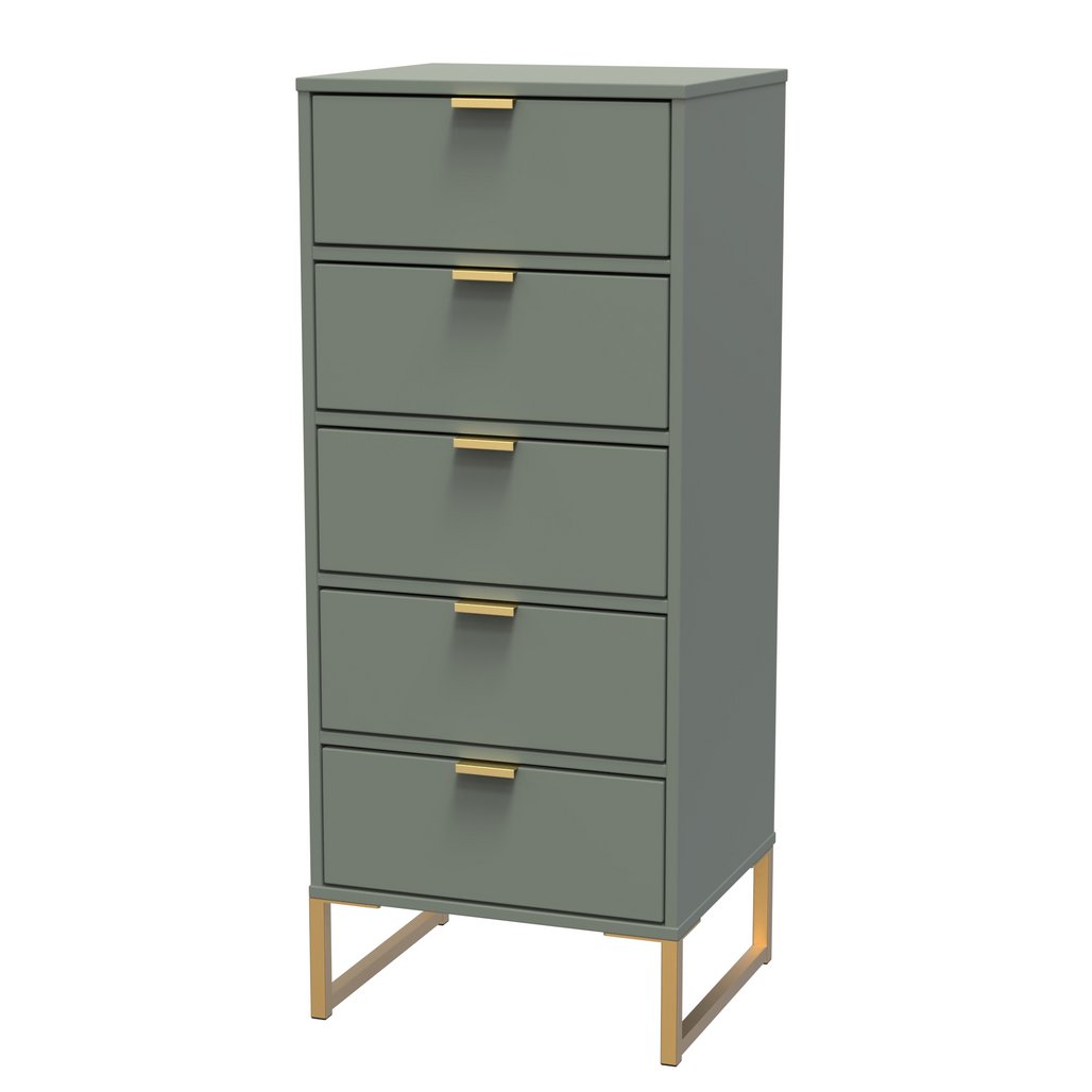 Diego 5 Drawer Tallboy Bedside Table with Gold Sleigh Legs