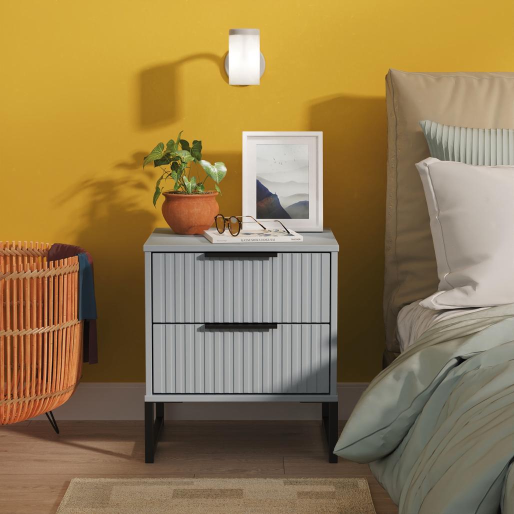 Fluted 2 Drawer Bedside Table with Black Sleigh Legs