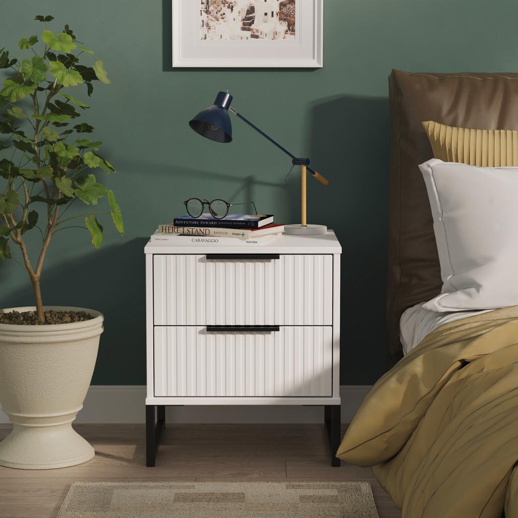 Fluted 2 Drawer Bedside Table with Black Sleigh Legs