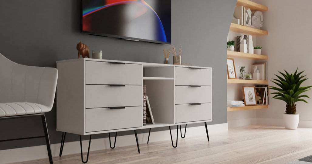 Hong Kong 6 Drawer 2 Shelf TV Unit with Black Hairpin Legs