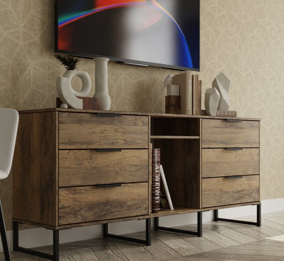 Hong Kong 6 Drawer 2 Shelf TV Unit with Black Sleigh Legs