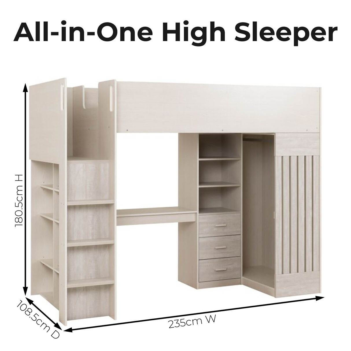 Jupiter High Sleeper Kids Bed Frame with Desk & Storage