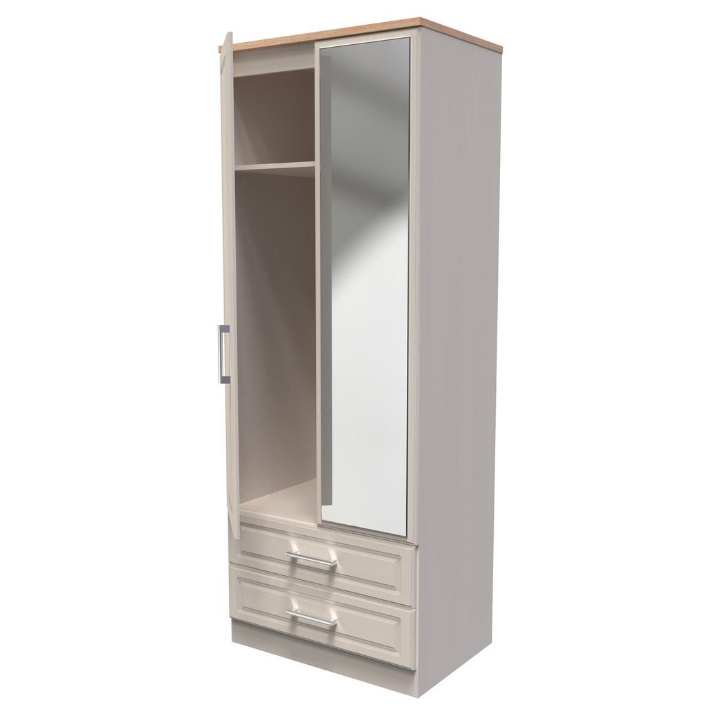 Kent Tall Mirrored 2 Door 2 Drawer Double Wardrobe with Oak Top