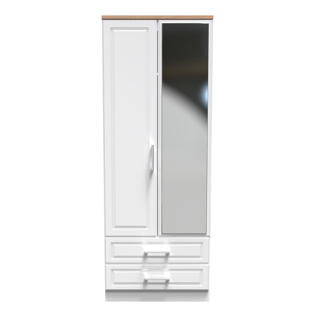 Kent Tall Mirrored 2 Door 2 Drawer Double Wardrobe with Oak Top