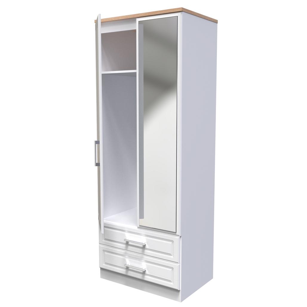 Kent Tall Mirrored 2 Door 2 Drawer Double Wardrobe with Oak Top