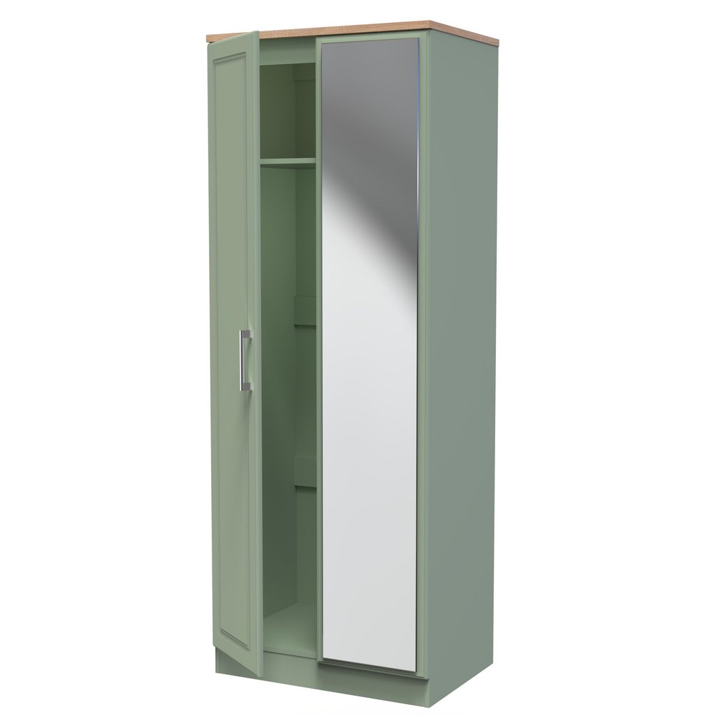 Kent Tall Mirrored 2 Door Double Wardrobe with Oak Top