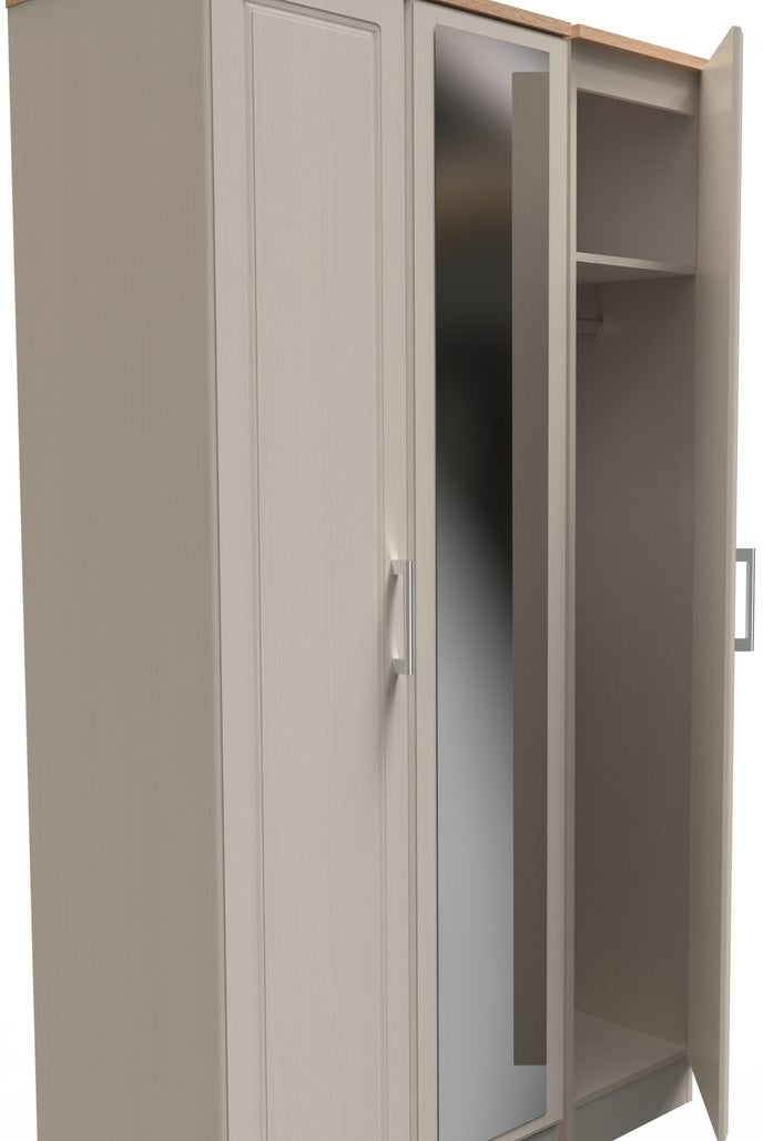 Kent Tall Mirrored 3 Door Triple Wardrobe with Oak Top