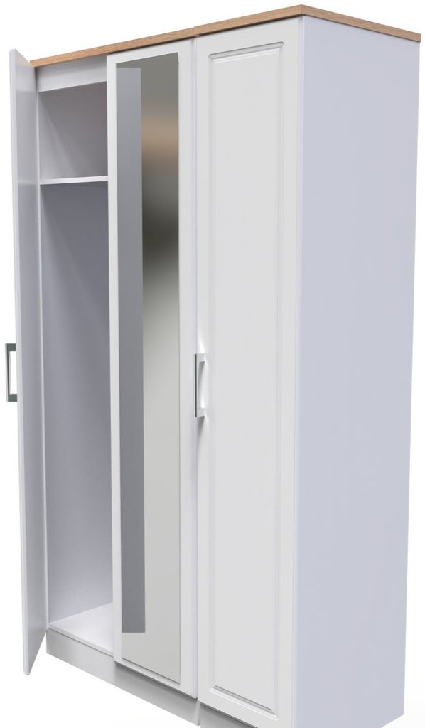 Kent Tall Mirrored 3 Door Triple Wardrobe with Oak Top