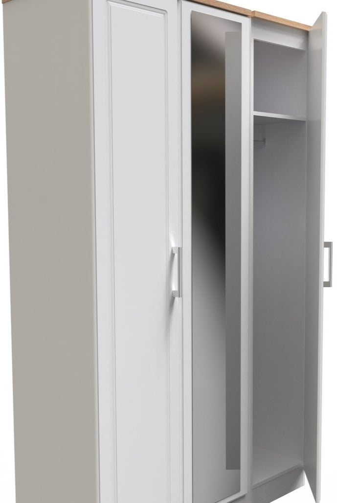 Kent Tall Mirrored 3 Door Triple Wardrobe with Oak Top